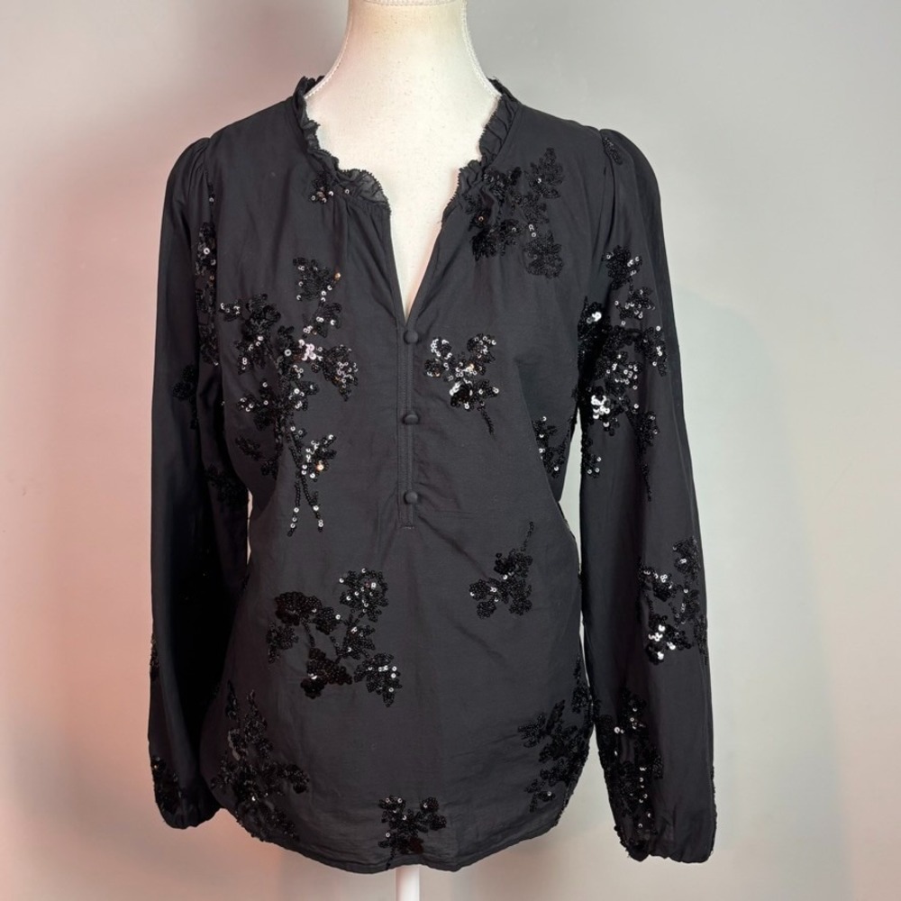 Talbots Womens Black Sequin Embellished Button up Ruffle Collar Blouse sz Large